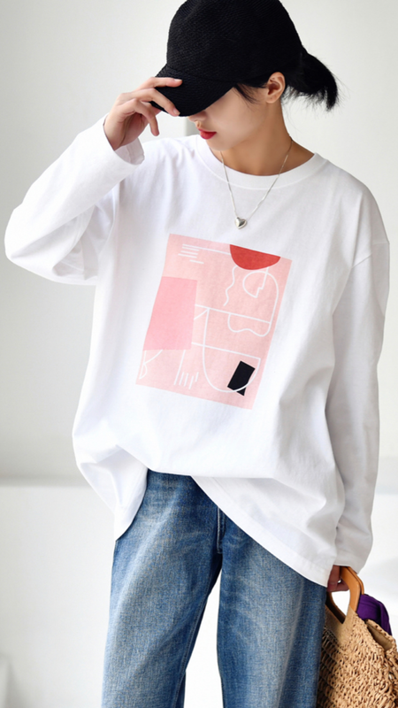 Art Crewneck Loose T-Shirt Womens leisure fresh pink printed comfortable cotton long sleeve round collar White T shirts for Woman Trending