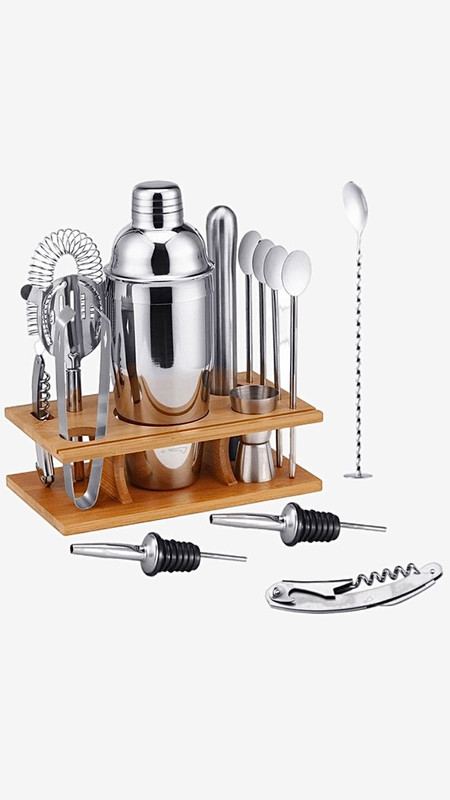 Cocktail Shaker Set 14-Piece  Bartender 14pcs Kit 750ML / 550ML Stainless Steel Bar Tool with Stylish Bamboo Stand Trending Barware Sets