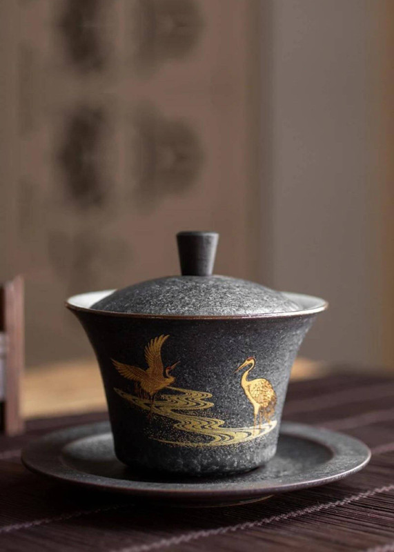 Ceramic Gaiwan Tea Cup Japan Handmade Black Gold Japanese Crane Leaf tureen chinese kung fu tea set drinkware Tureens Trending