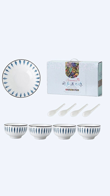 Japanese Dinner Set 9-Piece 9Pcs Tableware Sets Dinner Plate Round Ceramic Creative Pattern Plate Bowls White Blue Porcelain Rice Bowl Spoon Dessert Trending Japan Dinnerware