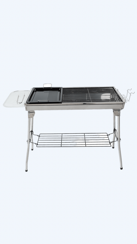 Stainless Steel BBQ Grill Large Outdoor Folding Portable Barbecue Meat Rack Picnic Trending Silver BBQ Grill with Storage Basket Board Shelf