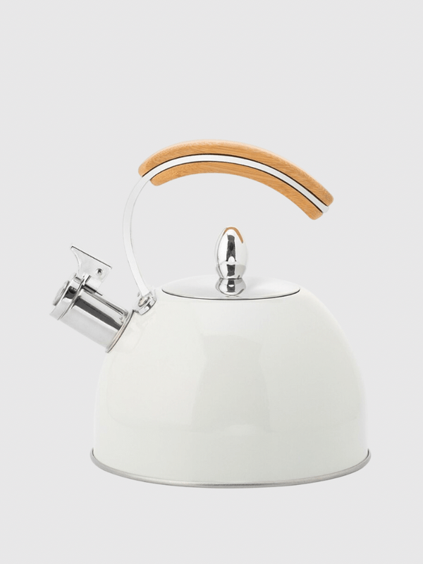 3L Whistling Tea Kettle Thick Stainless Steel Teakettle Teapot with Wooden Handle Compatible with Gas Stoves Induction Whistle Kettles Trend in White