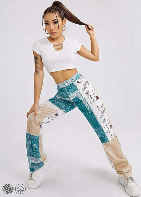 High Rise Patch Jeans Women's Patchwork Contrast Green Color Waist Pant Printing Wide Leg Pants for Female Fashion Trending Woman Streetwear Jeans for Girls