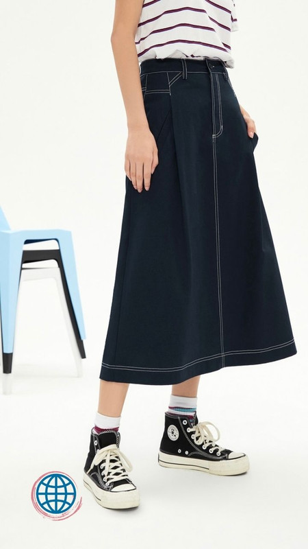 High Rise Classic Skirt Women's Japanese A Line High Waist Mid-Calf Solid Dark Blue Color Vintage Basic Trending Japan Skirts For Woman