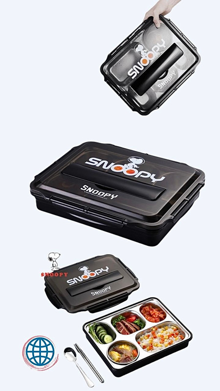 Snoopy Bento Lunch Box Japanese Kawaii Fresh Bowl Keep Warm Food Storage Containers Eco Friendly Container Microwavable Stainless Steel school Office Trending Japan Meal Boxes in Black