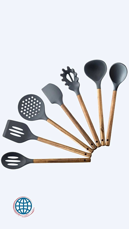 7-Piece Utensil Set Gray / Grey 7pcs Non-stick Silicone Wood Handles Kitchenware Household Spoon Skimmer Scraper Server Cooking Tool With Wooden Handle Trending Kitchen Tools
