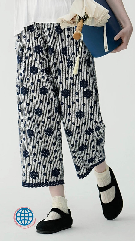 Cotton Striped Pants Women's Japanese original Light Blue stripe embroidery Mid Rise loose straight nine-point wide-leg thin section female Trending Japan pants for Woman