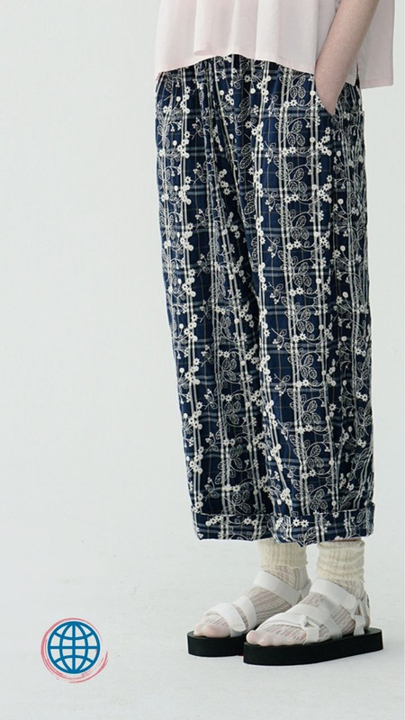 Mid Rise Pleated Pants Women’s Japanese original Bohemia design floral plaid casual gray / grey cotton straight-leg boho female wild Trending Japan bohemian  trousers for Woman