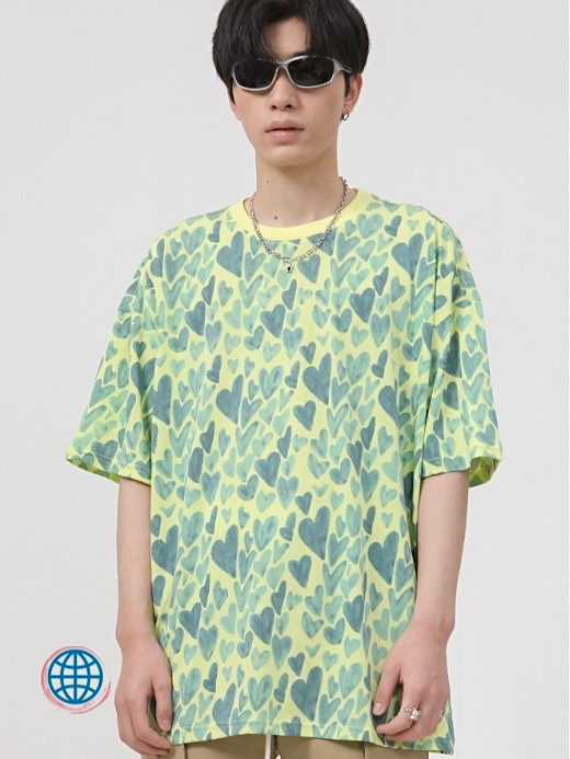 Fluorescent Crewneck Short Sleeve T-Shirt Men’s Short Sleeve Irregular Heart Print Crewneck O-Neck Fashion Loose Streetwear Trending T-shirts For Man in Green White
