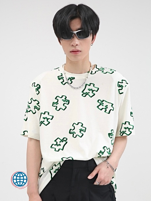 Oversized Crewneck T-Shirt Mens Jacquard Embroidery White O-Neck Jigsaw Piece Print Short Sleeve Loose Streetwear Top T Shirts Fashion Clothing Trending Tops for Man