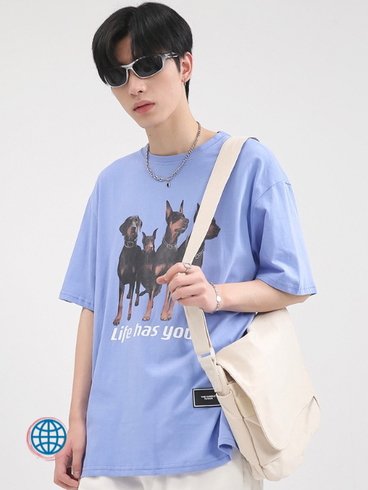 Loose Oversized T-Shirt Men’s Japanese Crewneck O-Neck Top Short Sleeve Harajuku Life Has You Dog Print Loose Streetwear T-shirts Clothing Tops For Man Trending in Blue
