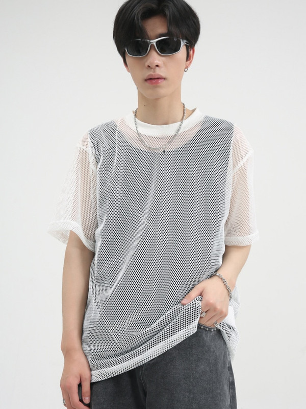 Hollow Out Crewneck T-Shirt Men’s Japanese Top Short Sleeve O-neck Loose All-match Harajuku Streetwear T-Shirts Fashion Clothing Japan Tops for Man Trend in White
