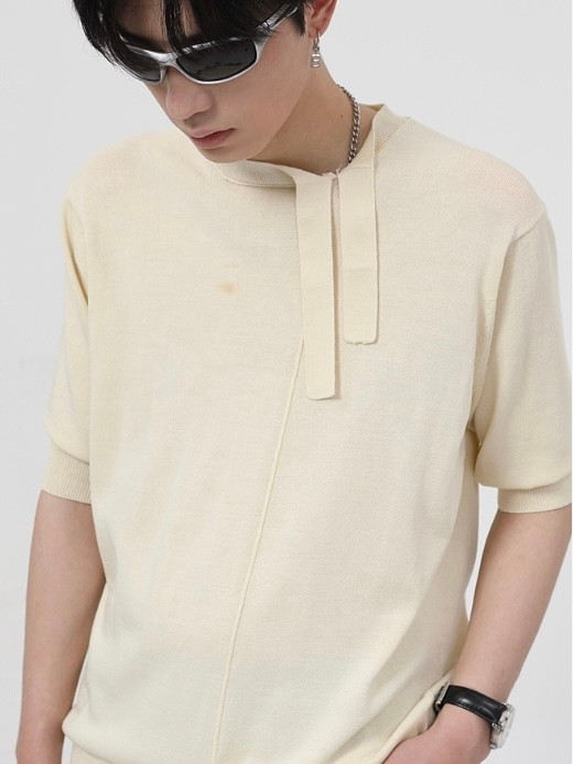 Short Sleeve Knit T-Shirt Men’s Knitting Top Loose Mandarin Crewneck O-Neck Belt Strap Collar Solid Color T-shirts Tops For Man Streetwear Fashion Clothing Trending in Apricot