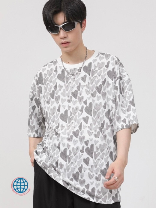 Loose Fit Crewneck Short Sleeve T-Shirt Men’s Tee Fluorescent Short Sleeve Irregular Heart Print Crewneck O-Neck Fashion Streetwear T-shirts Tees For Man Trending in White