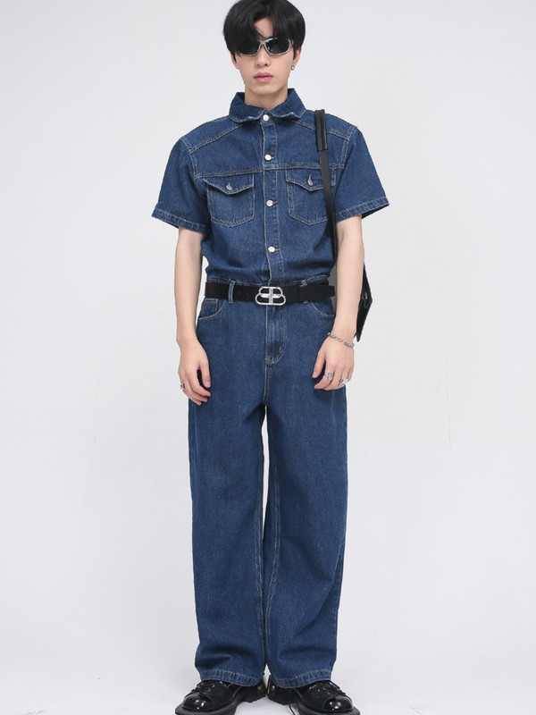 Straight Mid-Rise Denim Rompers Men’s Korean Button Fly Romper Overalls Casual Blue Jeans Jumpsuit Trousers Jumpsuits Korea Streetwear Fashion Clothing For Man Trend in Navy Blue