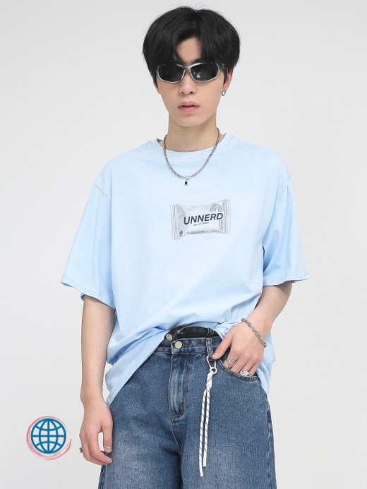 Crewneck Print Short Sleeve T-Shirt Men’s Korea O-Neck Top UNNERD Letter Printed Loose Streetwear Oversized T-Shirts Korean Fashion Clothing Tops For Man Trending in Blue