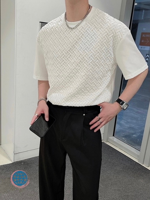Weave Oversized Crewneck T-Shirt Men’s Korean Short Sleeve O-Neck Top Designed Loose Harajuku Korea T-Shirts Clothing Fashion Streetwear Tops For Man Trending In White
