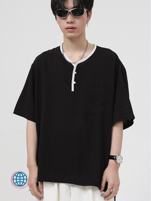 V-Neck Button-Up Waffle T-Shirt  Men’s Korea Roundneck O-Neck Top Short Sleeve Patchwork Color Loose Fit Tops T-shirts For Male Korean T-Shirts Fashion Clothing Streetwear Tops for Man Trending in Black