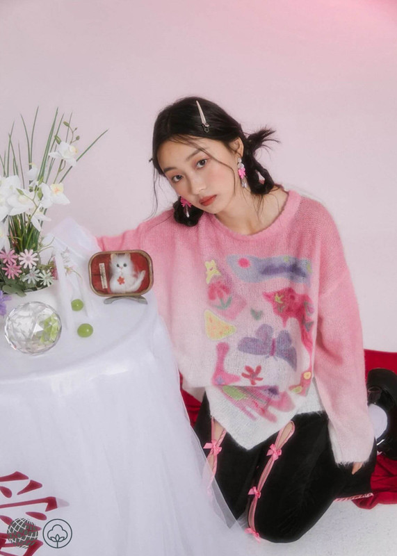 Crewneck Knit Sweater Women’s Japanese Glam Y2K Sweet Pink Girls Butterfly Print Knitted Oversized O-Neck Pullover Japan Sweaters Gradient Women Designer Trending Kawaii Clothes for Woman