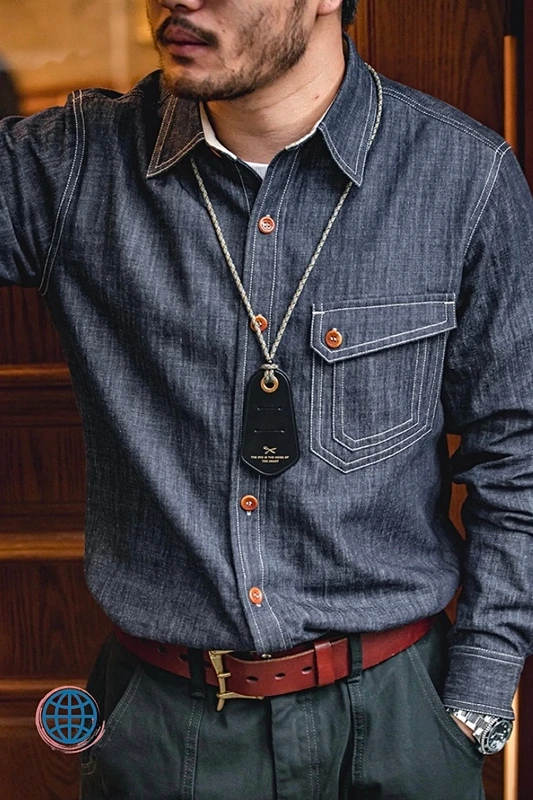 Indigo Denim Work Shirt  Men’s Jeans Washed Solid Blue Selvedge Jeans Shirt Denim Shirt Long Sleeve Shirt Jacket Vintage Tops Clothing Trending for Man