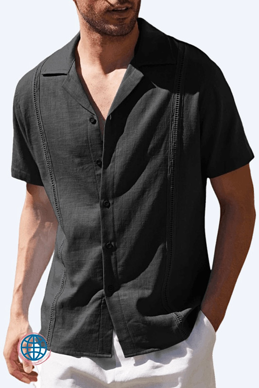 V-Neck Cotton-Linen Shirt Men's V-Neck Cotton Linen Shirt Casual Cuban Guayabella Short Sleeve Beach Breathable Shirts for Man Trending in Black