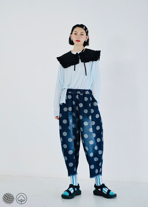 Washed Polka Dot Denim women’s Japanese original mid rise hand painted dark blue tapered pants casual women's clothing Japan Jeans Trending for Woman