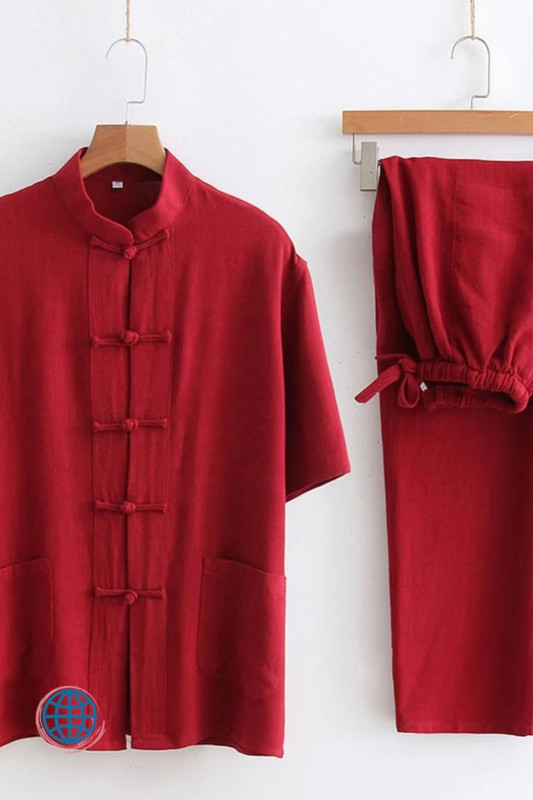 Cotton Tang Suit Men's Chinese Short-Sleeve Cotton And Linen Kung Fu Suit Tai Chi Casual Meditation Clothing Handmade China Suits for Man Trending in Red