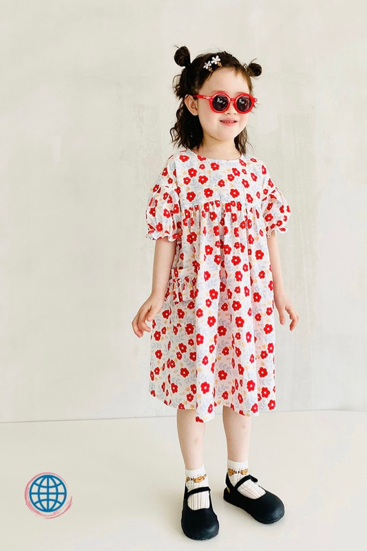 Crewneck Linen-Cotton Dress Kids Japanese original girl children's clothing fresh red floral cute A-line Japan Dresses Trending for Toddler girls
