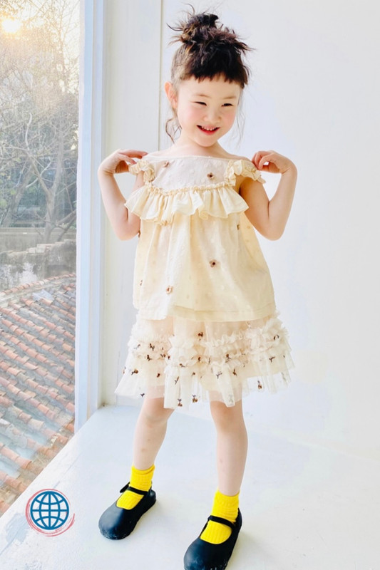 Boatneck Ruched Top Kids toddler girl Japanese original blouse children's clothing apricot flower vest princess suspender Japan tops Apricot Blouses Trending for toddlers girls