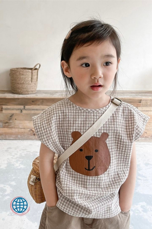 Kids Plaid Vest T-Shirt Children's Girls Short Sleeve Kid Boy Bear Print Casual Cotton Loose Sleeveless T-Shirts Girl personality Clothes Trending In Beige