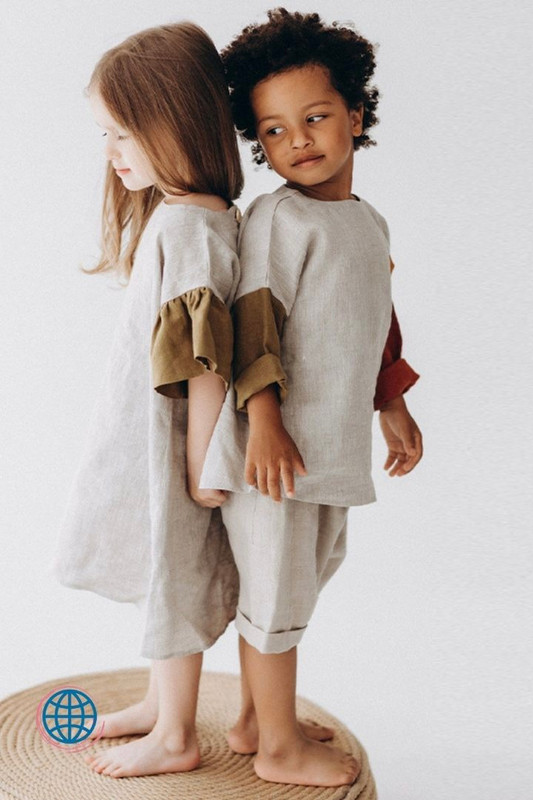 Cotton-Linen Patchwork Top + Shorts Set Boys Natural Linen Patchwork Baby Kids Flare Sleeve Casual Cotton And Linen Dresses for Girl Children's Clothing Trending for Boy Dress for Girls