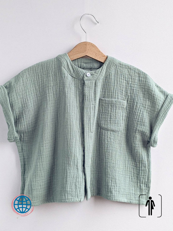 100% Cotton-Muslin T-Shirt  Boys 100% Cotton Muslin Top Children's Casual Loose Fit Short-Sleeve Mandarin O-Neck Collar Pocket Tops T-shirts for Boy Trending in Green