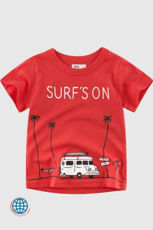 Short-Sleeve Surfing Crewneck T-Shirt   Summer Children T-shirts Kids Clothes Boys Short Sleeve O-Neck SURF’S ON Letter Print Tops Red Baby Tees Kid 100% Cotton Cartoon Car Trending Outfits 2-9 Years Boy