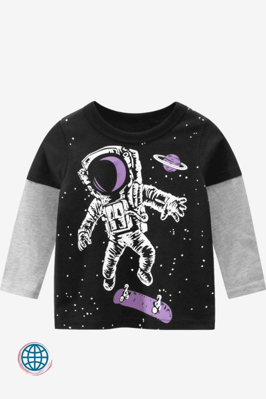 Kids Cotton-Linen Long Sleeve T-Shirt Children Boys Girls boy girl Cute Tops Kid Cartoon Astronauts Tee For 2-9Years Trending T-Shirts Clothes in Black