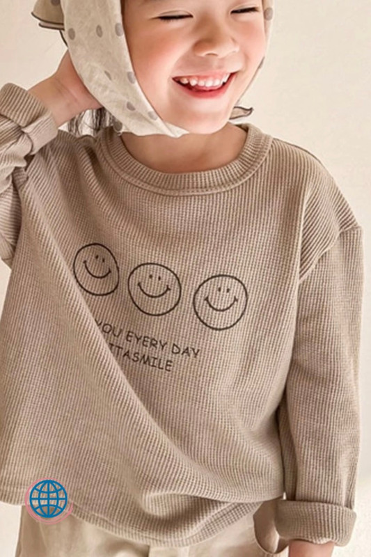 Kids Waffle Cotton Long-Sleeve Crewneck T-Shirt Children Girls Cartoon Smiley Print T Shirts Boy Long Sleeve Waffled T-Shirts Kid Casual Tops for Girl Boys Trending in Khaki