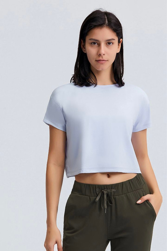 Short Sleeve Crewneck Short Fit T-Shirt Women’s O-Neck Yoga Short-sleeve Leisure Sports Top Fitness Short Fit  t-shirts Yoga Sport Clothes Sportswear for Woman In Moon White Blue