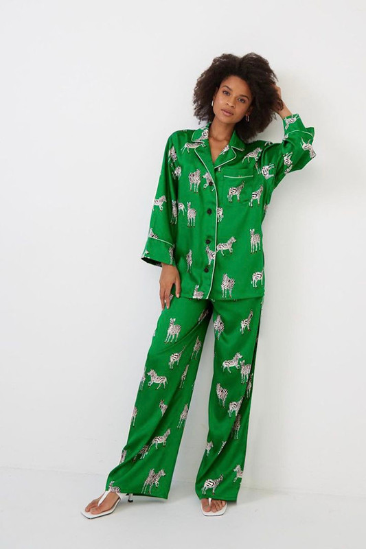 Ankle-Length PJ Set Women’s Zebra Print Home Pajamas Sets Suit For Women Pajama Satin Long Sleeve Pattern Set Woman 2 Pieces Pocket Chic Green Sleepwear Trending for Woman