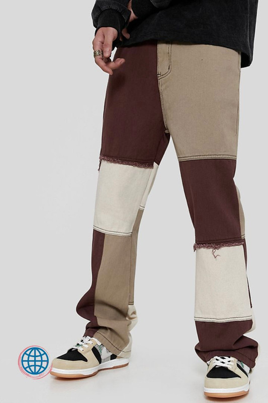 Mid Rise Patch Flared Jeans for Men Streetwear Vintage Raw Edge Color blocking Waist Pants Men's Micro-horn Beggar Flare Denim Men’s Patchwork Trousers Trending For Man in Multicolor Brown Beige White