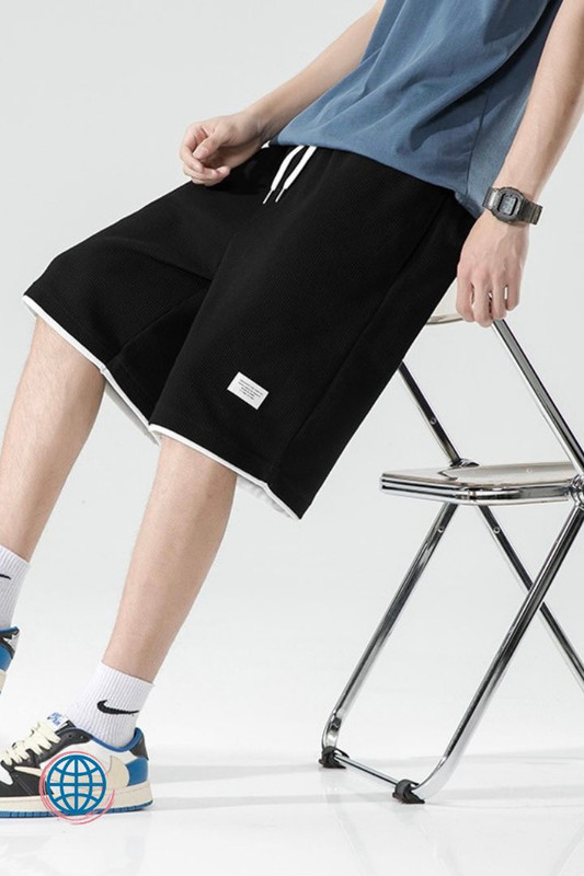 Mid-Rise Cotton Drawstring Shorts Men’s Casual Solid Color Waffle Cotton Drawstring Elastic Waist Mid Rise Waist Sport Running Male Loose Sports Five Pants Sportswear for Man Trending in Black