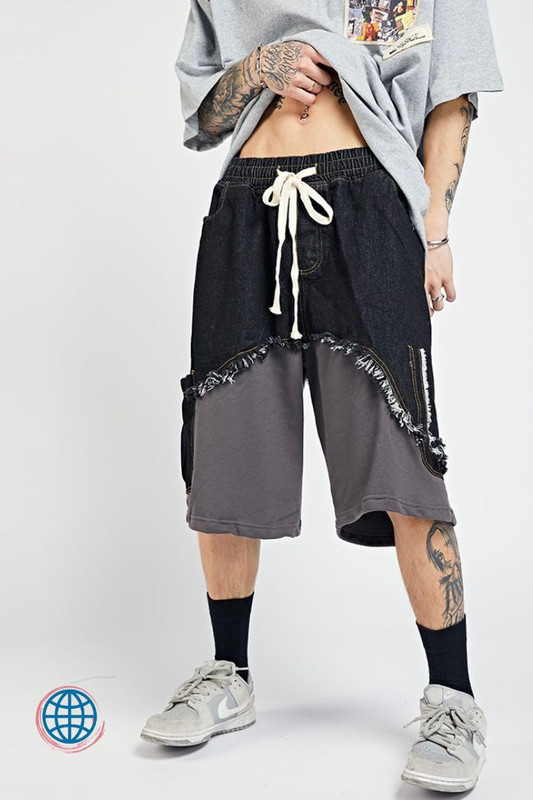 Ripped Edge Patch Jean Shorts Men's Vintage Patchwork Raw Frayed Beggar Style Mid Rise Waist Loose Casual Straight Five-point Drawstring Streetwear Shorts Man Trending in Black