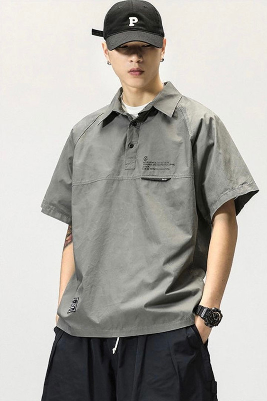 Tooling Polo Shirt Men’s Japanese Retro Short Sleeve Loose Thin Lapel Simple Casual Street Japan T-shirt Clothing for Man Trending in Gray / Grey
