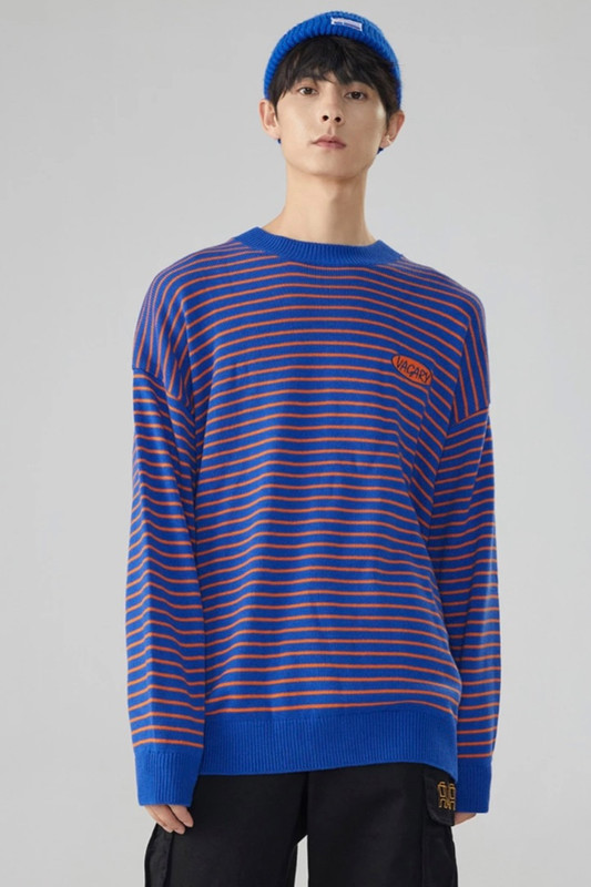 Crewneck Stripe Knit Sweater Men’s Round Neck Fashion Long Sleeve Knitted Men Cotton Sweaters Male Tops For Man Trending in Blue
