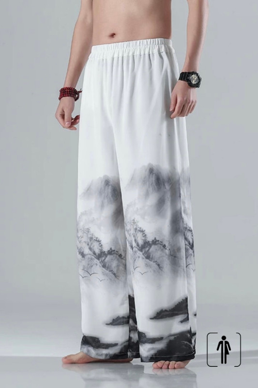 Wide-Leg Loose Hanfu Pants Unisex Mens Women’s Chinese Clothes Oversized White Thin Ink Painting Ice Silk Wide Leg Men Plus Size Hakama China Trousers Male Clothing Trending for Man Woman
