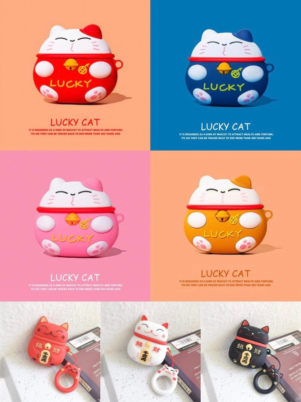 Japanese Lucky Cat AirPods 1 2 3 Pro Case Cover Lovely Case for Japan Style Silicone Earphone Case For Apple Cases Cute Protective Covers Trending in Black Red