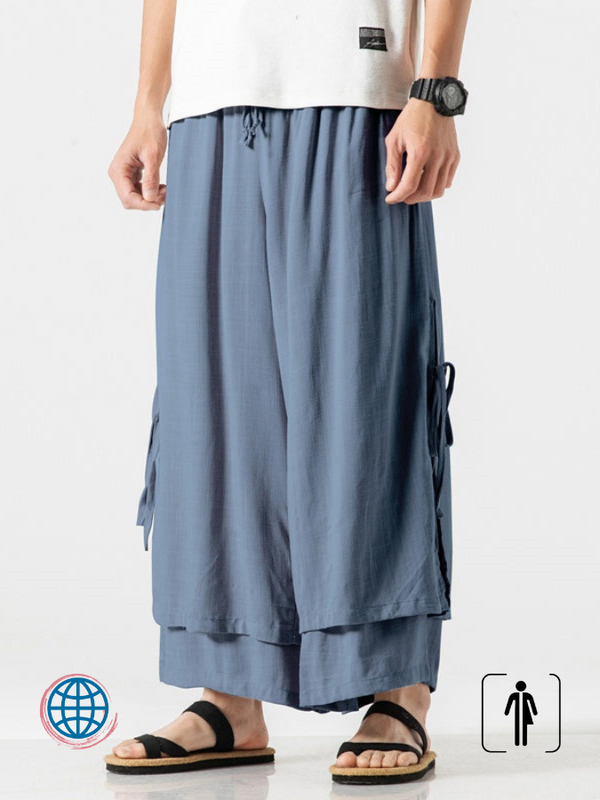 Asian Harajuku Wide-Leg Pants  Unisex Men’s Womens Anywear Asia Wide Leg Tai Chi Zen Tea Chinese Style Retro Loose Hanfu Trousers Bottoms China Plus Size Oriental Clothing Trending for Man Woman In Dusk Blue