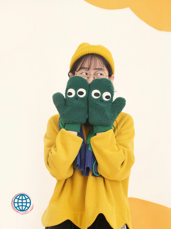 Plush Gloves  Women’s Winter Halter Neck Cute Face Eyes Green Warm Thick Cold-Proof Trending Woman Glove