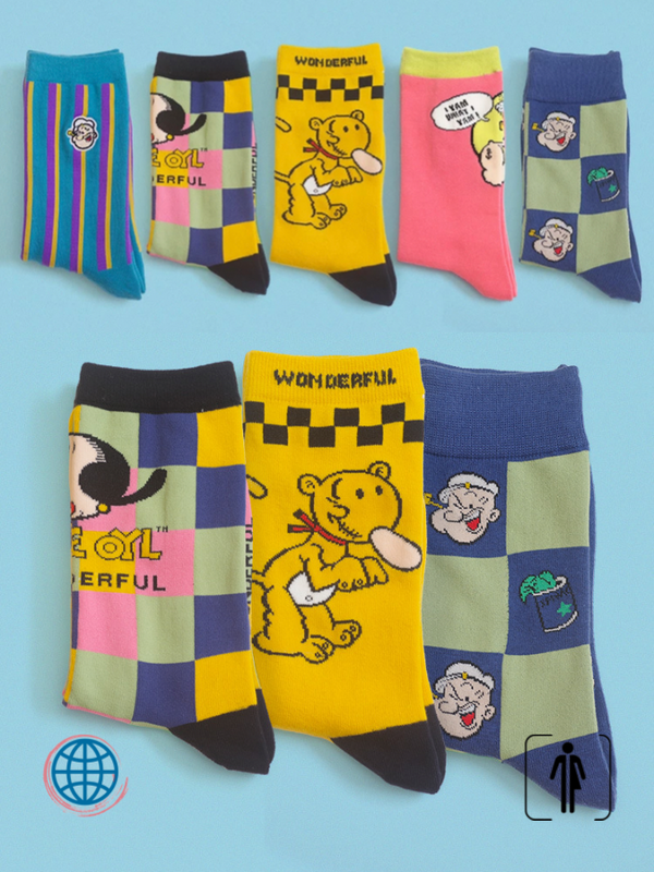 PopEye Anime Socks 5-Pair  Unisex Anywear Mens Women’s Popeye Olive The Sailor Man Cosplay Cartoon Character Footwear Autumn Winter Design Cartoons Funny Bear Color Block Letters print 5 pairs set Socks Trending for Woman Man