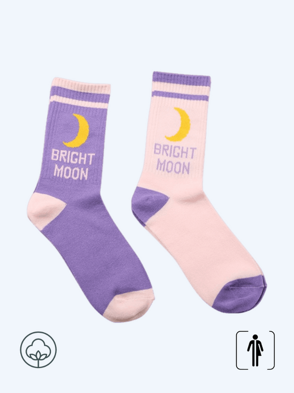 Jacquard Cotton Socks 2-Pair    Unisex Anywear Mens Women’s Sweet Cute BRIGHT MOON Purple Beige 2 Pairs A Lot Ankle Length Sock For Autumn Winter Trending for Woman Man