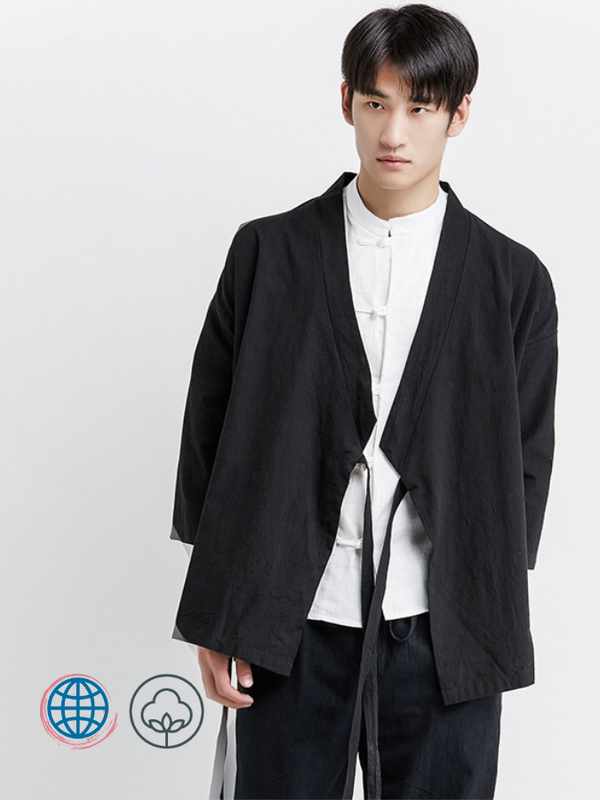 Haori Yukata V-Neck Kimono Cardigan   Mens male Japanese Cotton Linen samurai costume clothing jacket Tieback Outerwear Three Quarter Sleeve Jackets for man Trending In Black