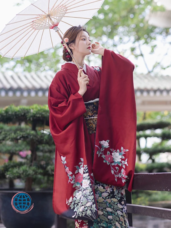 Traditional Floral Kimono Women's Japanese Red Color Flower Print Long Sleeve Yukata Vintage Performing Dress Cosplay Japan Costume Kimonos Trending for Woman